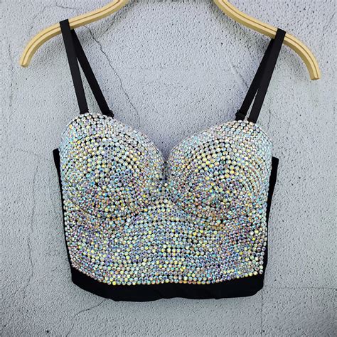 Gorgeous Rhinestone Beading Bustier Pearls Diamond Crops Tops Push Up