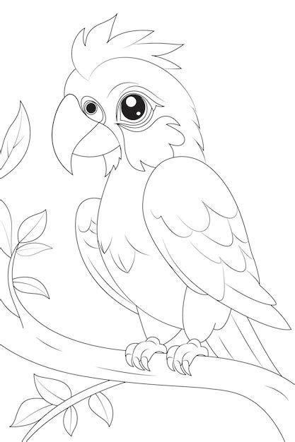 Dibujo para colorear un loro posado en la rama de un árbol Vector Premium