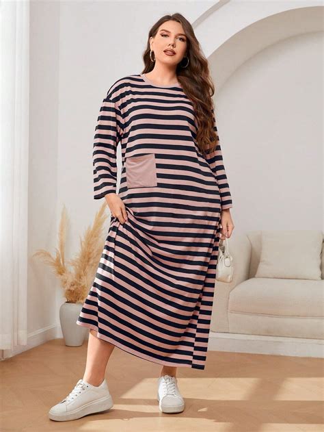 Shein Mulvari Plus Striped Print Pocket Patched Drop Shoulder Dress