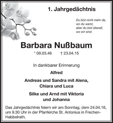 Traueranzeigen Von Barbara Nu Baum Wirtrauern