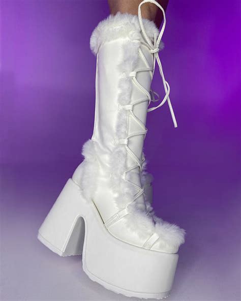 Demonia White Furry Winter Faux Fur Boots Rave Wonderland