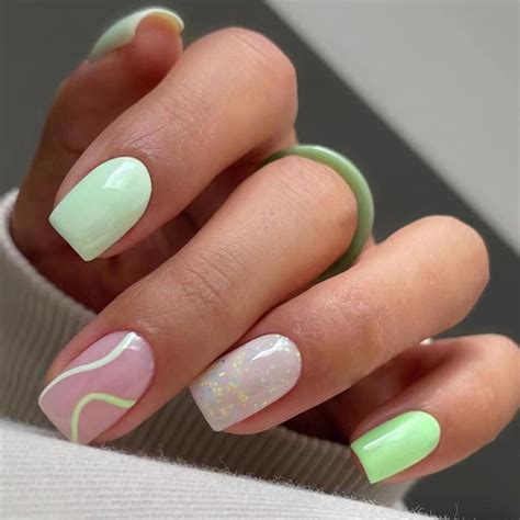 24 Pcs Green And Pink Press On Nails Short Square Bhlfrh