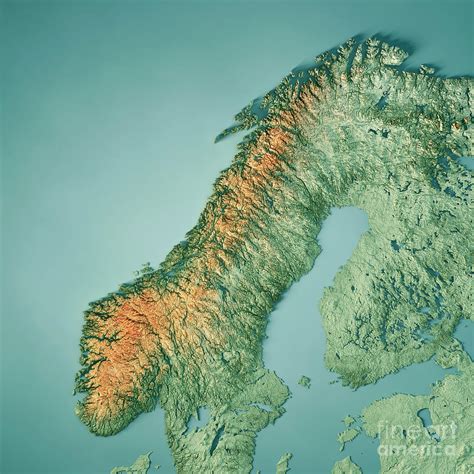 Norway 3D Render Topographic Map Color Digital Art by Frank Ramspott