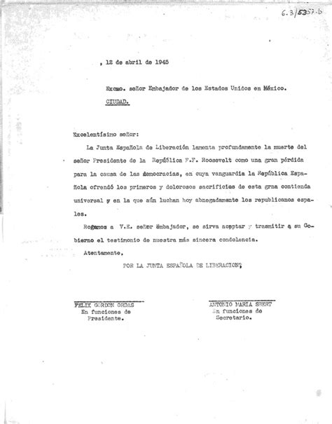 Carta de la Junta Española de Liberación al Embajador de Estados Unidos