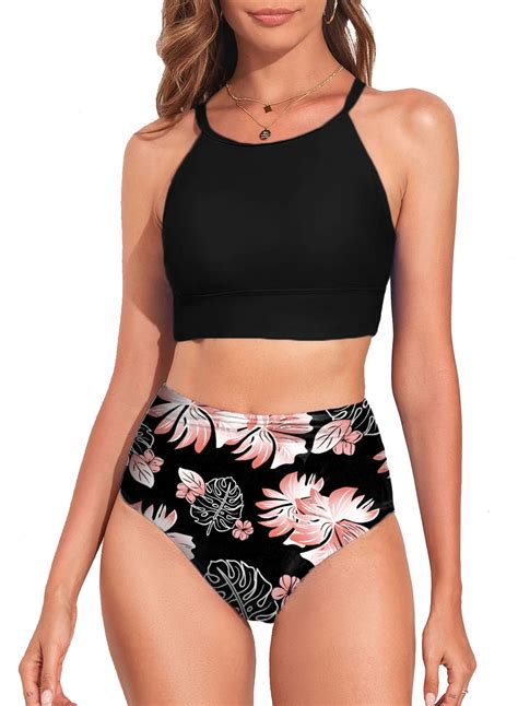 Aleumdr Beach High Waist 2 Piece Bikini Set Tropical Leaf Print