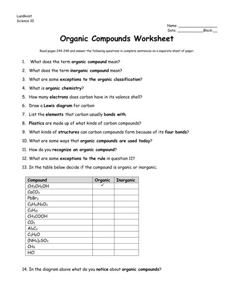 Structures Of Other Organic Compounds Worksheets