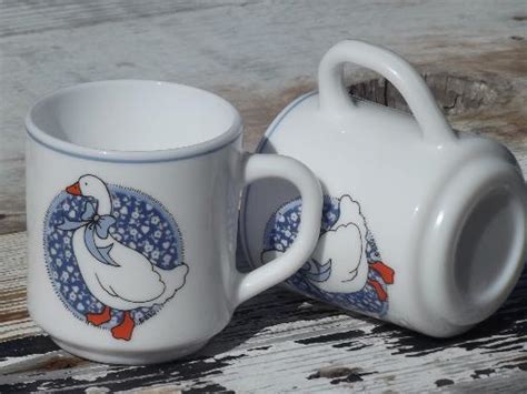 Arcoroc Glass Coffee Mugs Blue Calico Goose Set Of S Retro Cups