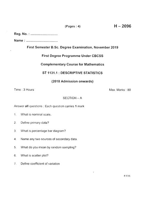 Descriptive Statistics B Sc Maths First Sem Question Paper BSC