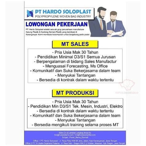 Lowongan Kerja Pt Hardo Soloplast Di Solo Info Loker Solo