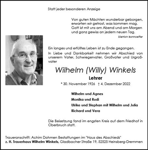 Anzeige für Wilhelm Winkels