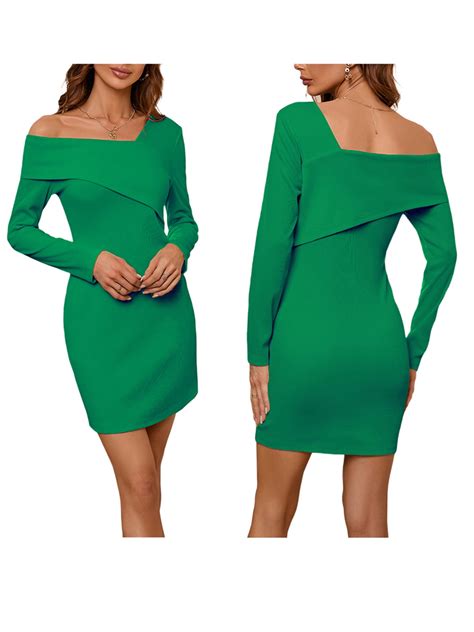 Mubineo Women Bodycon Dress Long Sleeve One Shoulder Solid Slim Fit Mini Dress