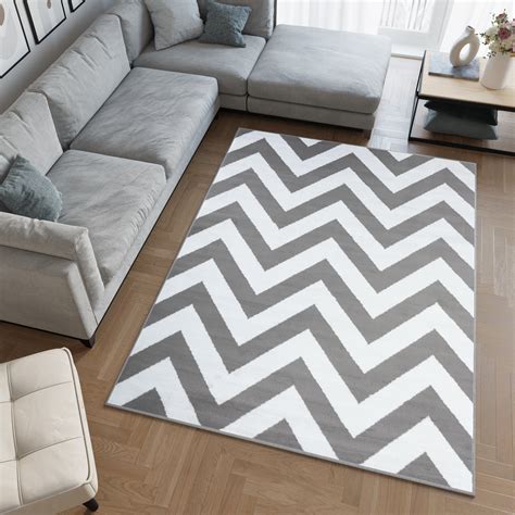 Tapiso Luxury Tapis De Salon Chambre Moderne Gris Clair Blanc Zigzags