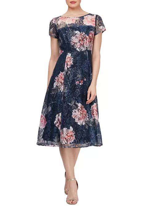 Slny Women S Cap Sleeve Floral Printed Sequin Lace Tea Length Dress Belk