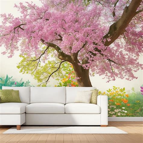 Mural de pared de flores de un árbol con hojas Con muebles de sala de