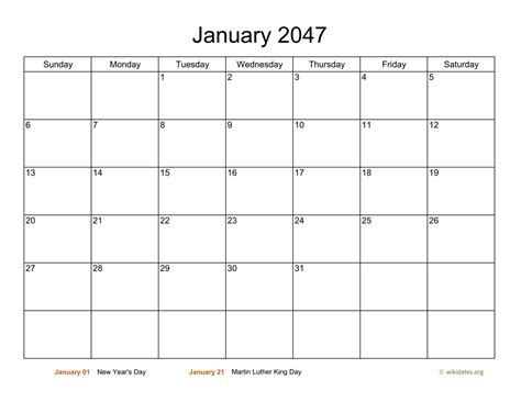 Basic Calendar for January 2047 | WikiDates.org