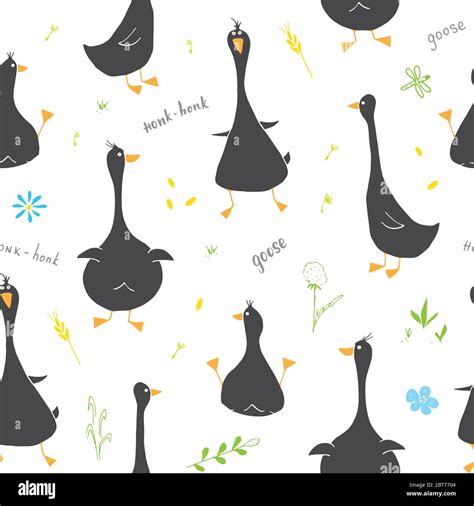 Cute Goose Seamless Pattern Cartoon Hand Drawn Goose Doodles Vector Background Illustration