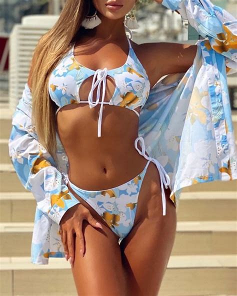 Pcs Floral Print Cutout Tied Detail Bikini Set With Cover Up