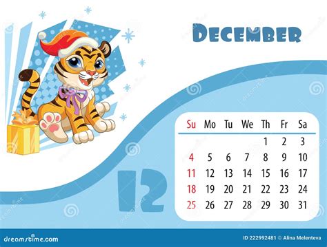 Tiger Desk Calendar Design Template For December Stock Vector