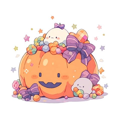 Cute Kawaii Halloween Pumpkin with Ghosts and Candy Pastel Sticker in ...