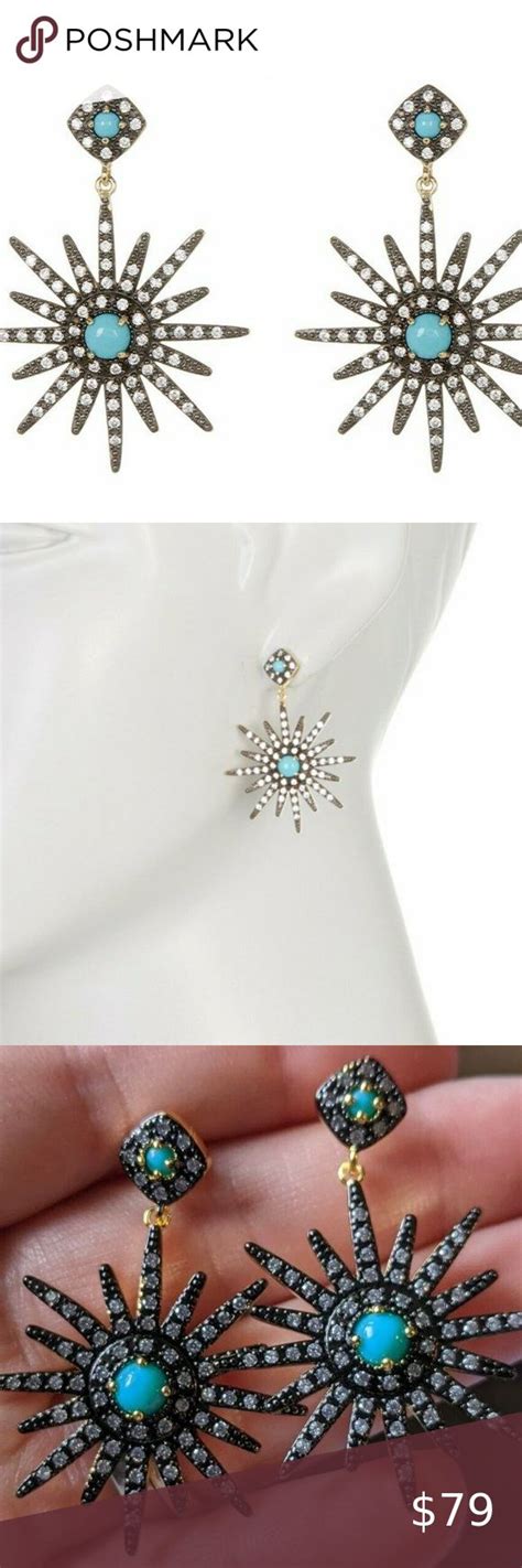 NWT 475 ADORNIA 14K Gold Turquoise Swarovski Starburst Earrings