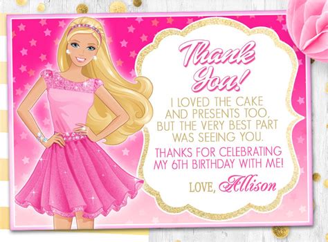 Pink Barbie Thank You Card Barbie Card Doll Birthday Thank You Etsy