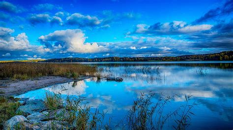 HD wallpaper: lake, blue landscape, blue lake, reflection, nature, sky, water | Wallpaper Flare