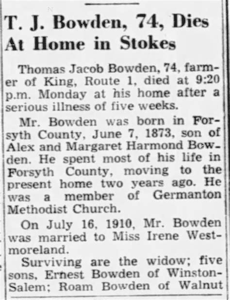 Obit Of Thomas Jacob Bowden Half Brother Of Emma Bowden Curry Morton