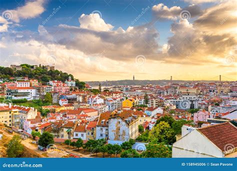 Lisbon Portugal City Skyline With Sao Jorge Castle Stock Photo Image