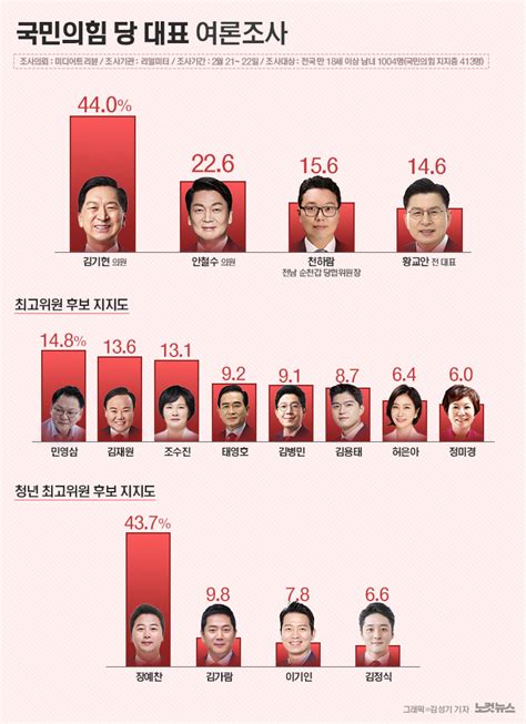 국민의힘 당대표 후보 지지율 金 44 安 22 6 千 15 6 그래픽뉴스 노컷뉴스