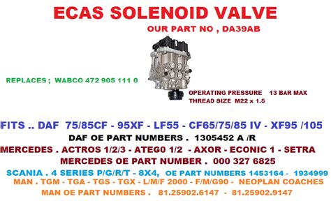 DAF ECAS SOLENOID VALVE OUR PART NUMBER DA39AB TRUCKS N PARTS