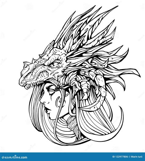 Goth Girl In Dragon Mask Line Art Stock Illustration Illustration Of