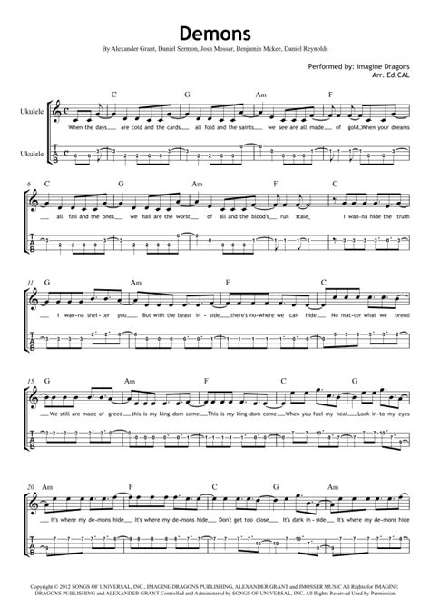 Demons Arr Arr Ed CAL By Imagine Dragons Sheet Music For Ukulele At