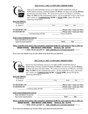 Fillable Online Relay Acsevents 2011 Irwin Co RFL LUMINARIA ORDER FORM