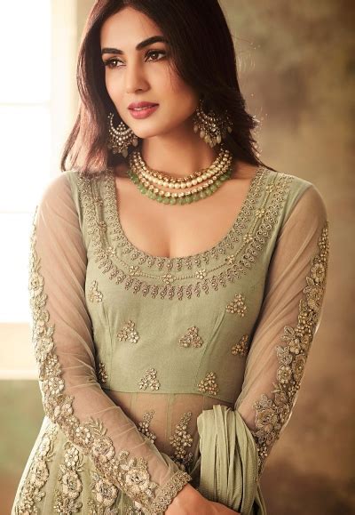 Sonal Chauhan Green Net Embroidered Designer Anarkali Suit 6704