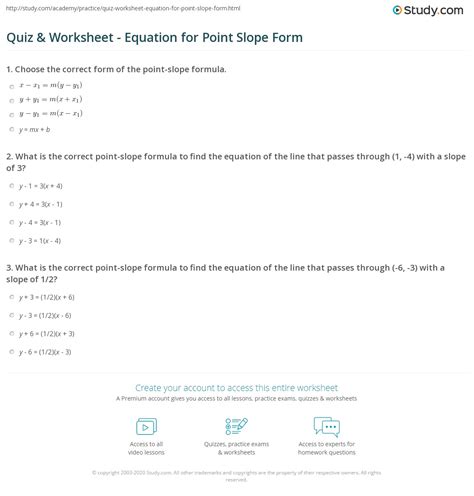 Quiz Worksheet Equation For Point Slope Form Study