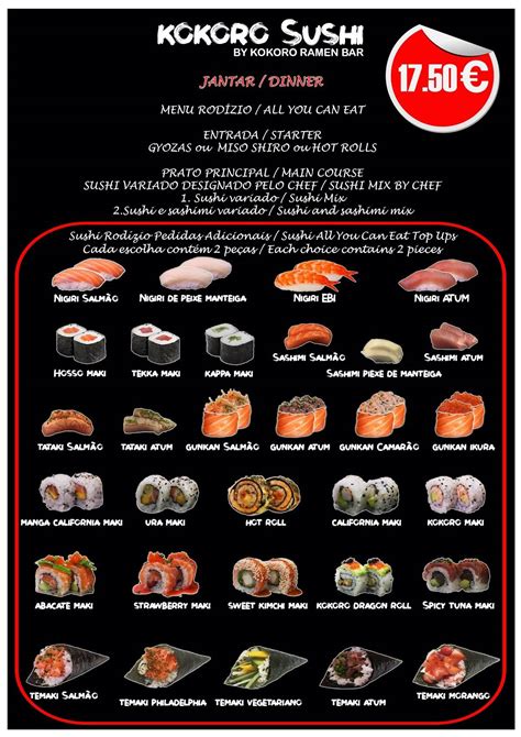 Menu at Kokoro Sushi restaurant, Lisbon, Av. Rovisco Pais 30A