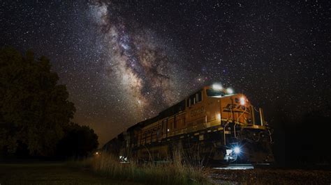 Trees Landscape Lights Night Grass Train Evening Milky Way