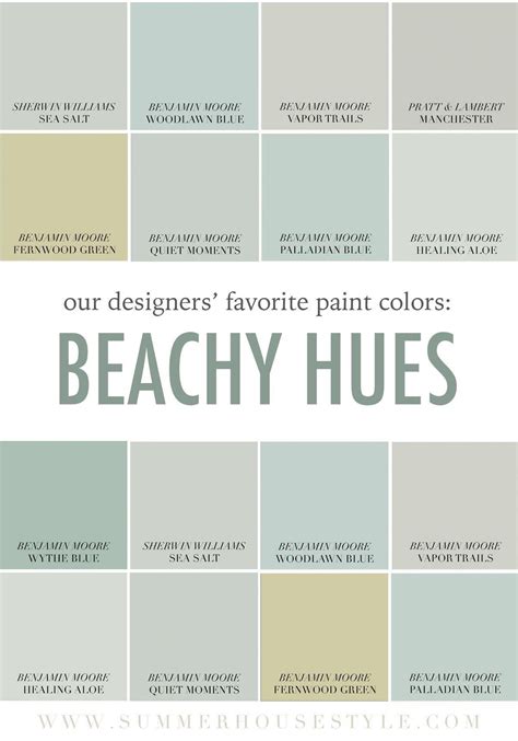 the words beachy hues are in white and green, with different colors to ...