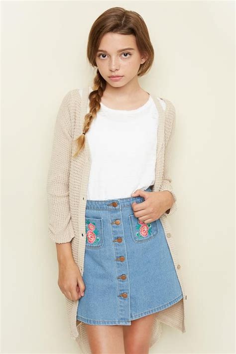 Floral Embroidered Pocket Button Down Denim Skirt Tween Fashion