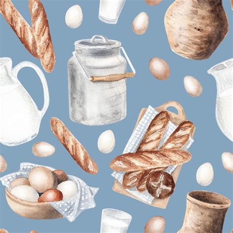 Premium Photo Watercolor Seamless Farm Pattern With Milk And Bread