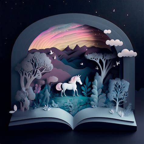 Ilustración de libro de cuento de hadas mágico con unicornio en el