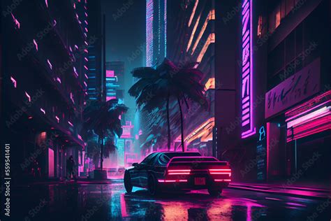 Synthwave streets of a cyberpunk city ai art Stock Illustration | Adobe ...