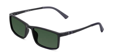 Matte Black Classic TR90 Rectangle Tinted Sunglasses with Green Sunwear Lenses - 9001