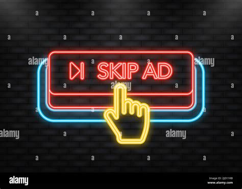 Neon Icon Skip Ad Red Button On White Background Hand Mouse Flat 3d