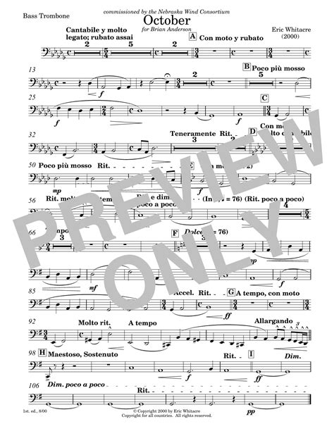 October Bass Trombone Sheet Music Eric Whitacre Concert Band