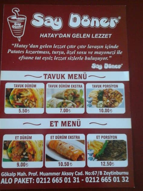 Menu at Say Döner Istanbul