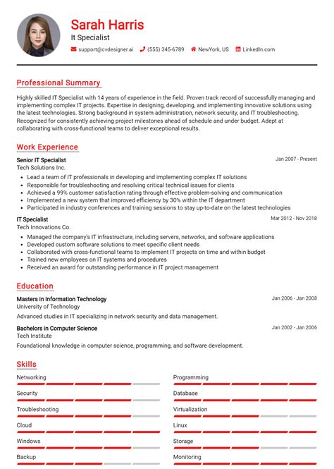 It Specialist Resume Examples And Templates For Cvdesigner Ai