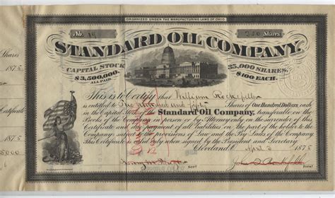 William Rockefellers Standard Oil Company Stock Certificate 1875 By Financemuseum Holiday