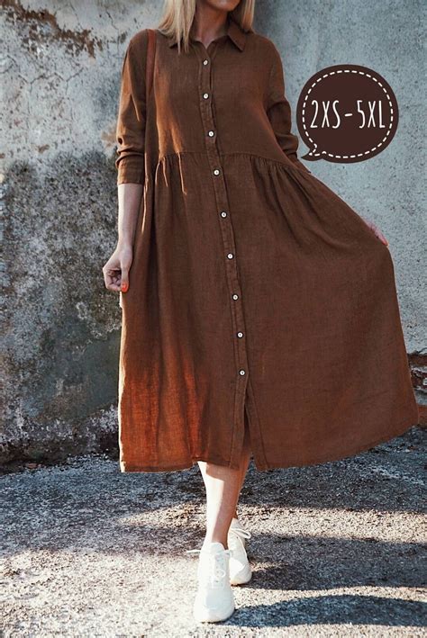 Linen Dress Plus Size Linen Dress Brown Linen Dress Linen Clothing Prairie Dress Country