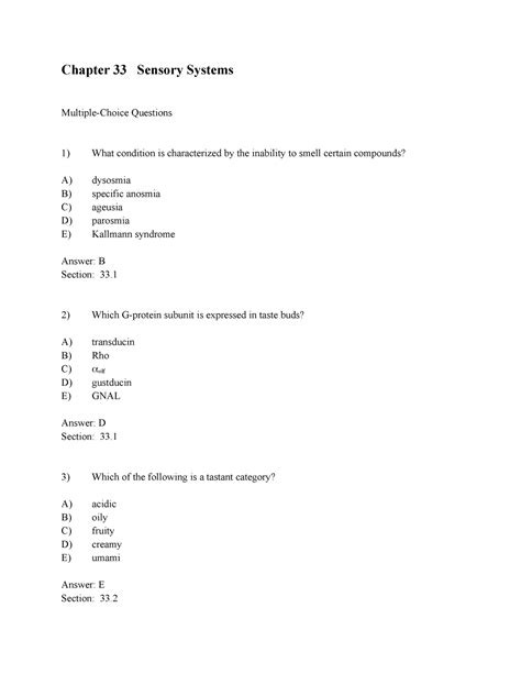 Berg 8e Testbank Chapter 33 Chapter 33 Sensory Systems Multiple